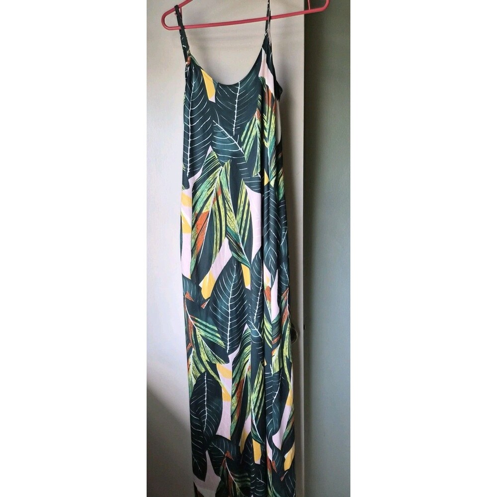 Women's Sm - Green Tropical Leaf Print Maxi Dress w/ Pockets & Adjustable Straps